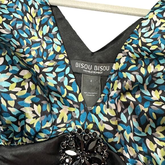 Bisou Bisou Y2K Top Blue Black Satin Sleeveless V-Neck Side Zip 2000s Size 2 - Picture 4 of 5